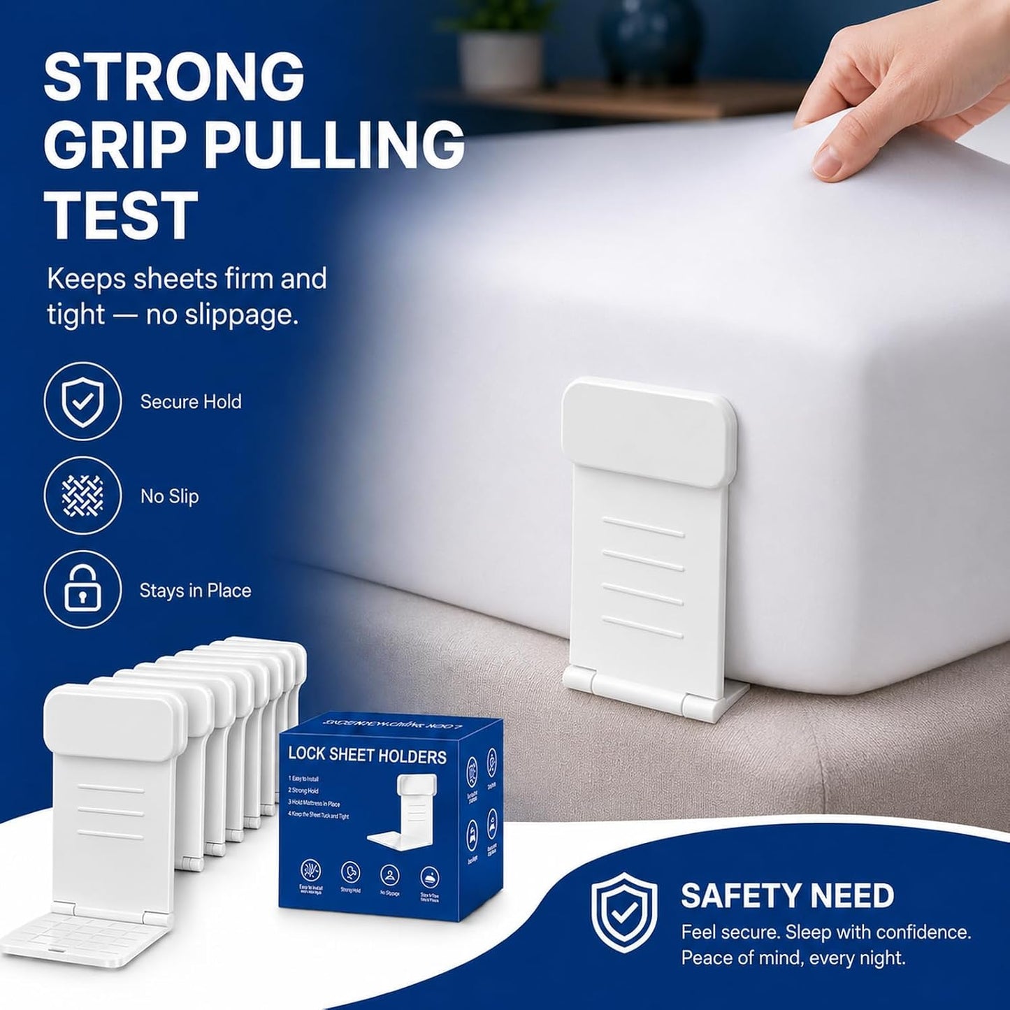 8pcs Bed Sheet Holders for Corners for King and Queen Beds Bed ABS&PC, 10 Non-Slip Mats, 180 Degrees Fold, Snap-Fastener Design, Adjustable Strap Clips, Tight Grippers - White Large