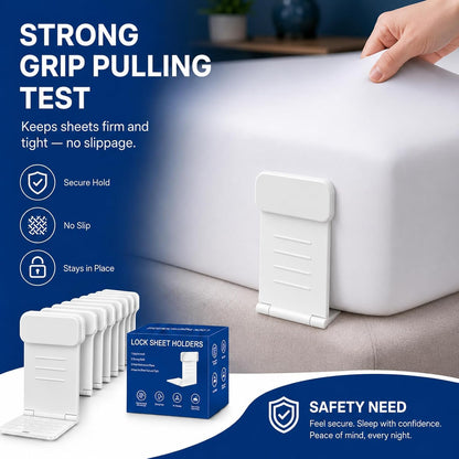 8pcs Bed Sheet Holders for Corners for King and Queen Beds Bed ABS&PC, 10 Non-Slip Mats, 180 Degrees Fold, Snap-Fastener Design, Adjustable Strap Clips, Tight Grippers - White Large