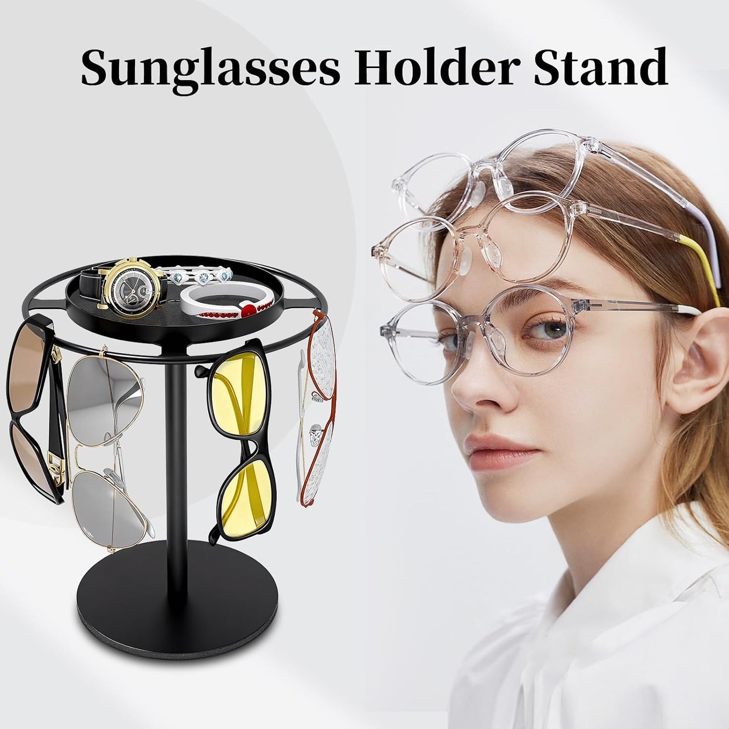 LSK Metal Sunglasses Organizer, Glasses Holder Stand with Storage Tray | Eyeglasses Holder with Anti-Slip Pads for Tabletop, Desk, Dresser, Matte Black