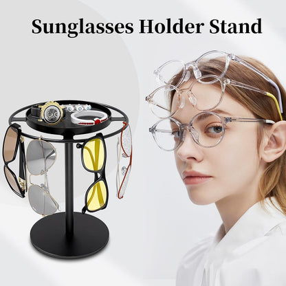 LSK Metal Sunglasses Organizer, Glasses Holder Stand with Storage Tray | Eyeglasses Holder with Anti-Slip Pads for Tabletop, Desk, Dresser, Matte Black