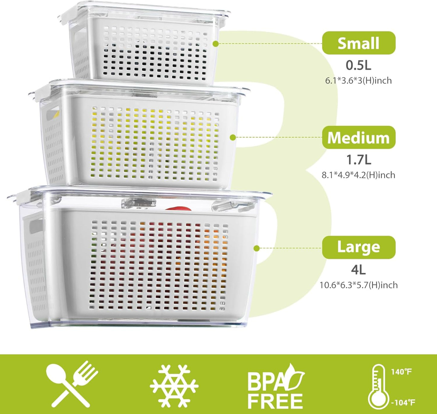LUXEAR 4 Pack Fruit Vegetable Containers for Fridge, Produce Saver Container with Lids &Removable Colander BPA-free Refrigerator Storage Organizer for Fruit Vegetable, Berry, Meat keep Fresh Longer | BPA Free with Removable Colanders Leak-proof Fridge