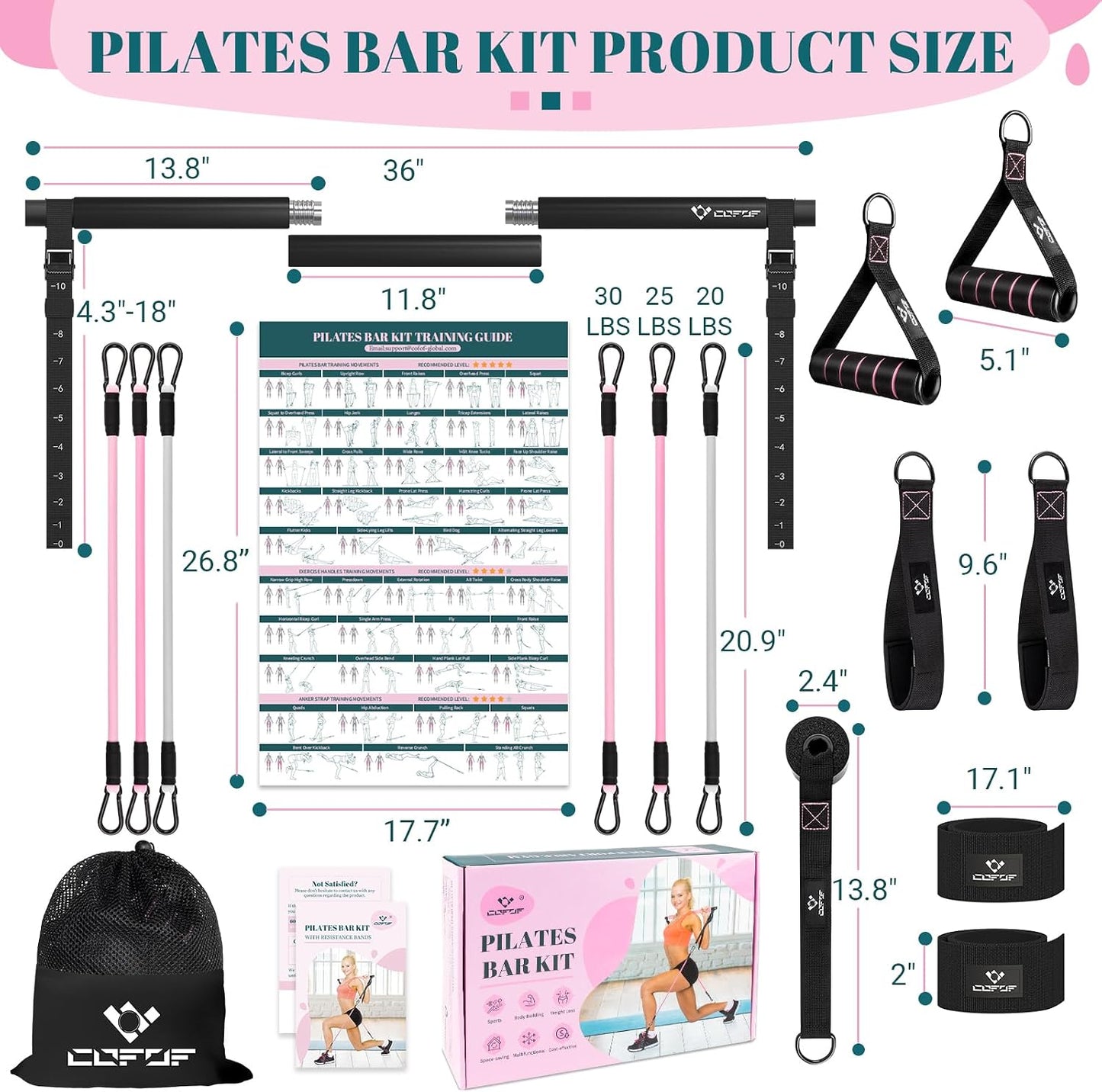 Pilates Bar Kit with Resistance Bands, Multifunctional Yoga Pilates Kit | Heavy-Duty Metal Adjustment Buckle, Portable Home Gym Pilates Resistance Bar Kit for Women Full Body Workouts