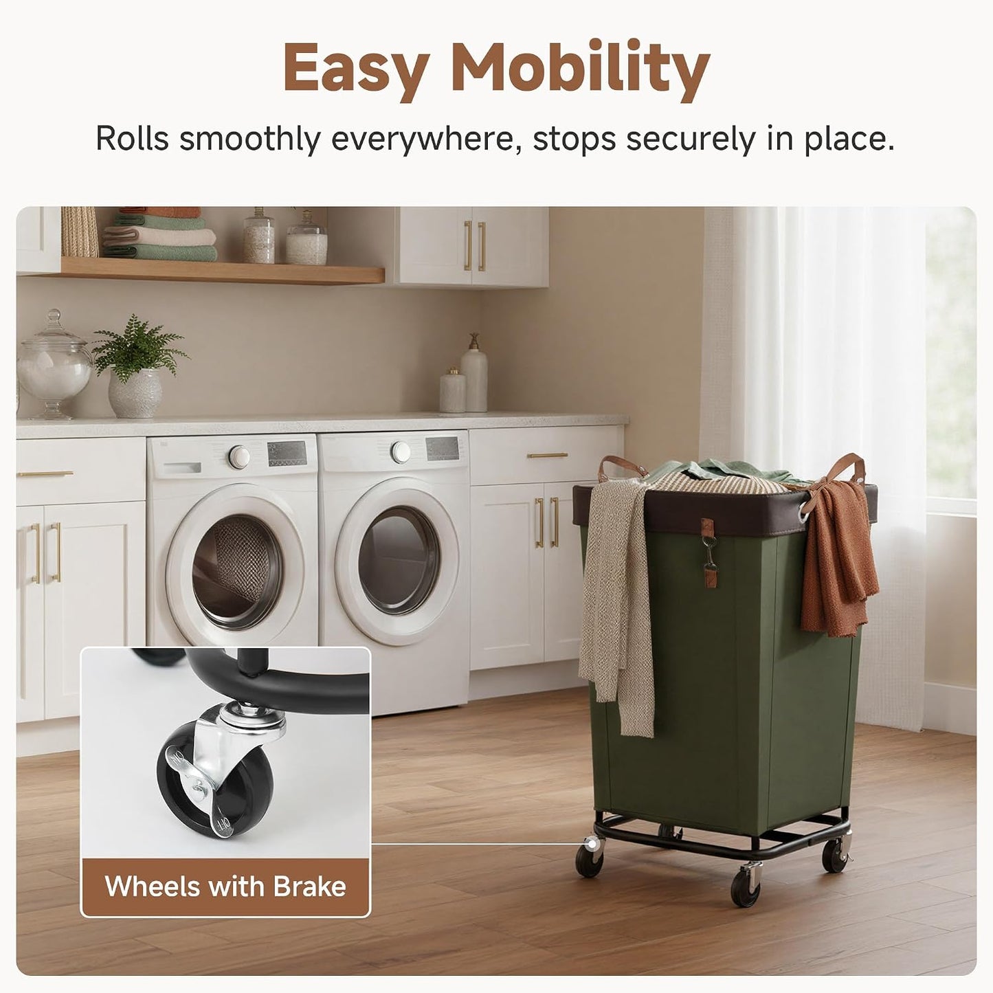 StorageWorks 160L Laundry Basket with Wheels, Rolling Hampers for Clothing | Beige Laundry Basket with Wheels, Metal Frame & Handles, Rolling Hamper for Bedroom, Bathroom, Dorm, Hotel