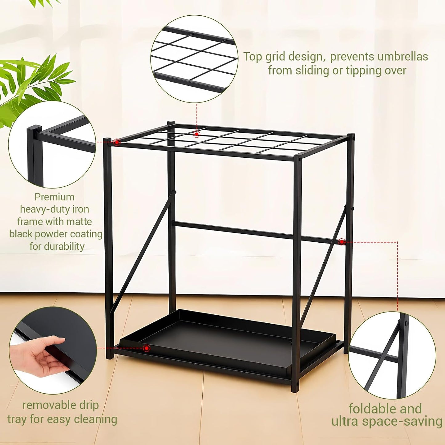 Colingmill Folding Umbrella Storage Stand Rack Holder Organizer Free Standing Umbrella Rack with Removable Drip Tray for Entryway Home Office Hotel Entry Hallway (L35.51 X W11.89 X H19.69 Inch)