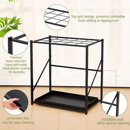Colingmill Folding Umbrella Storage Stand Rack Holder Organizer Free Standing Umbrella Rack with Removable Drip Tray for Entryway Home Office Hotel Entry Hallway (L35.51 X W11.89 X H19.69 Inch)