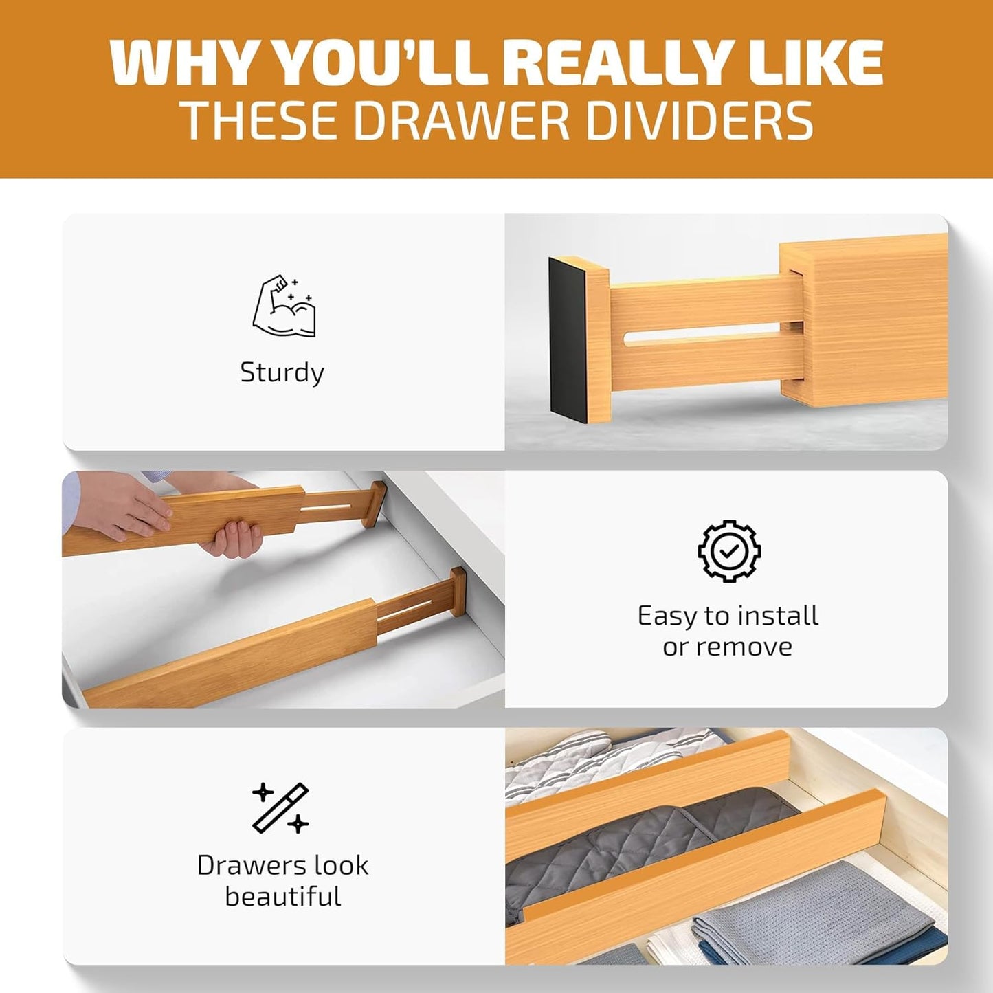 4-Pack Drawer Dividers 2.6-Inch High Dresser Organizer 16 to 22 Inch, Black | Bamboo, Spring Loaded, No Tools Needed, Fits Wide Drawers for Socks, Clothes, Utensils, Bedroom, Bathroom, Kitchen, Office