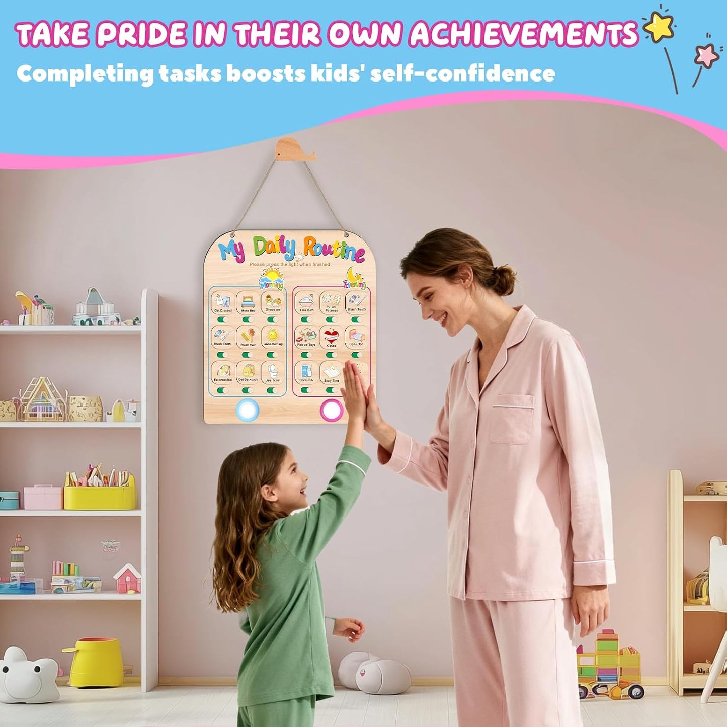 Morning Routine Chart for Toddlers, Visual Schedule Chart Planner | to Do List with 6 Tap Lights & 10 Activity Cards, Wooden Checklist Schedule Board for Kids, Autism, Preschoolers, ADHD Tools