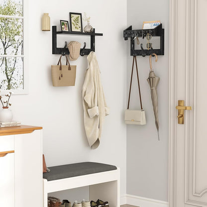 Evermagin 29" Coat Rack Wall Mount with Shelf & 11 Hooks, Entryway, Black | Wooden Wall Mounted Coat and Key Rack with Hooks, Key Hanger with Mail Holder for Living Room, Mudroom, Bedroom