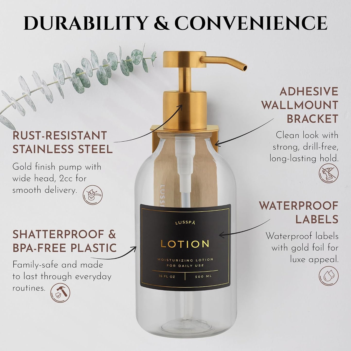 Shower Shampoo Dispenser Wall Mounted – 3 Refillable 16.9 oz Clear Bottles with Stainless Steel Pumps & No-Drill Adhesive Holders – Soap Dispenser Set for Bathroom (3 X Clear/Silver)