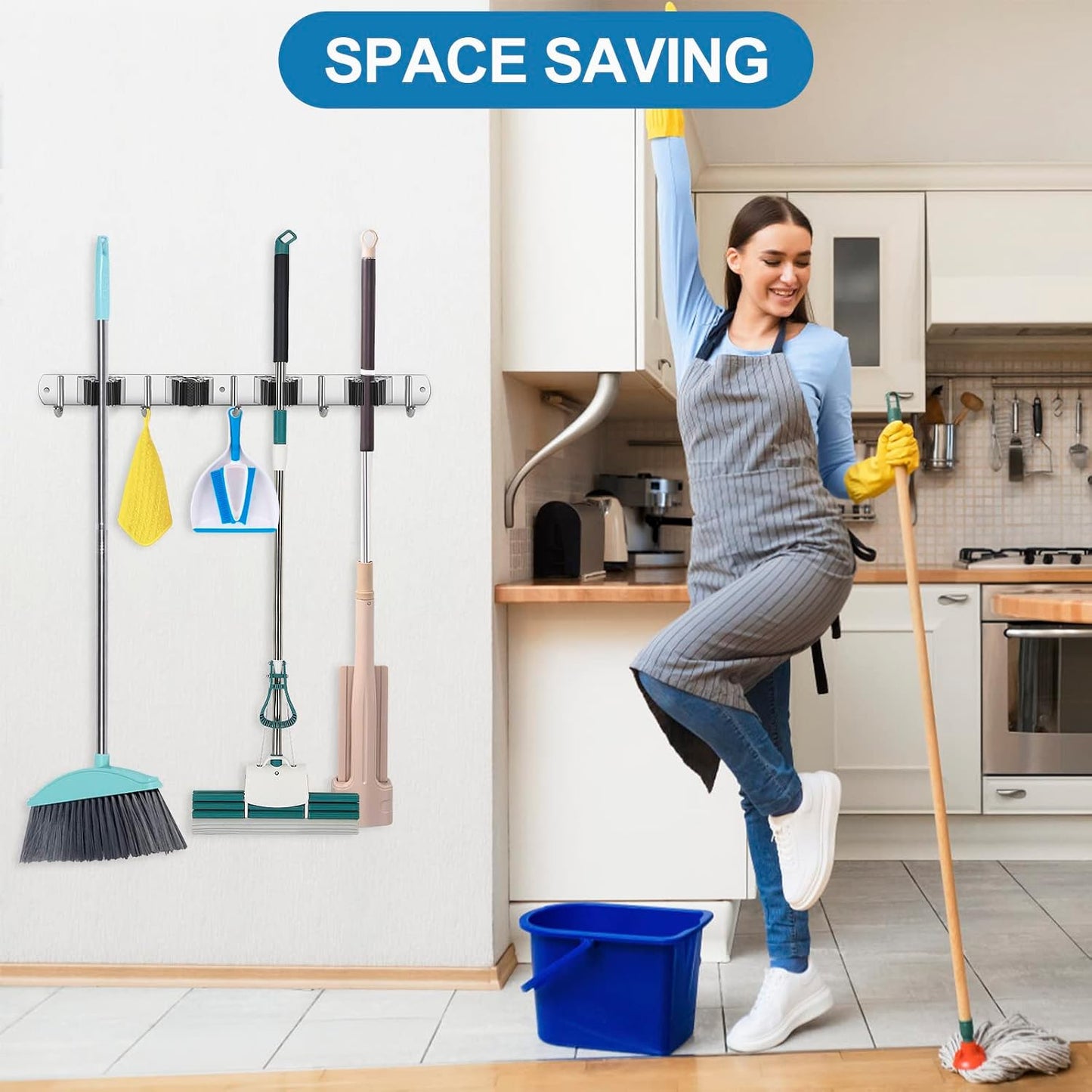 IMILLET 2 Pack Broom Holder Wall Mount Stainless Steel Mop Organizer | 5 Racks 4 Hooks Heavy Duty Garage Organization Storage,Broom and Mop Organizer Wall Hanging Self Adhesive for Laundry Room