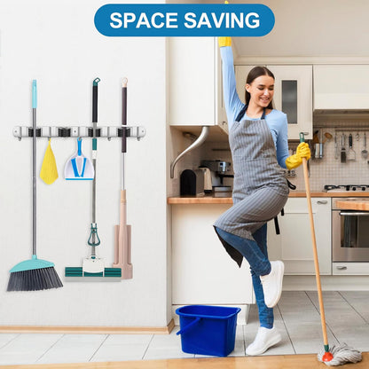 IMILLET 2 Pack Broom Holder Wall Mount Stainless Steel Mop Organizer | 5 Racks 4 Hooks Heavy Duty Garage Organization Storage,Broom and Mop Organizer Wall Hanging Self Adhesive for Laundry Room