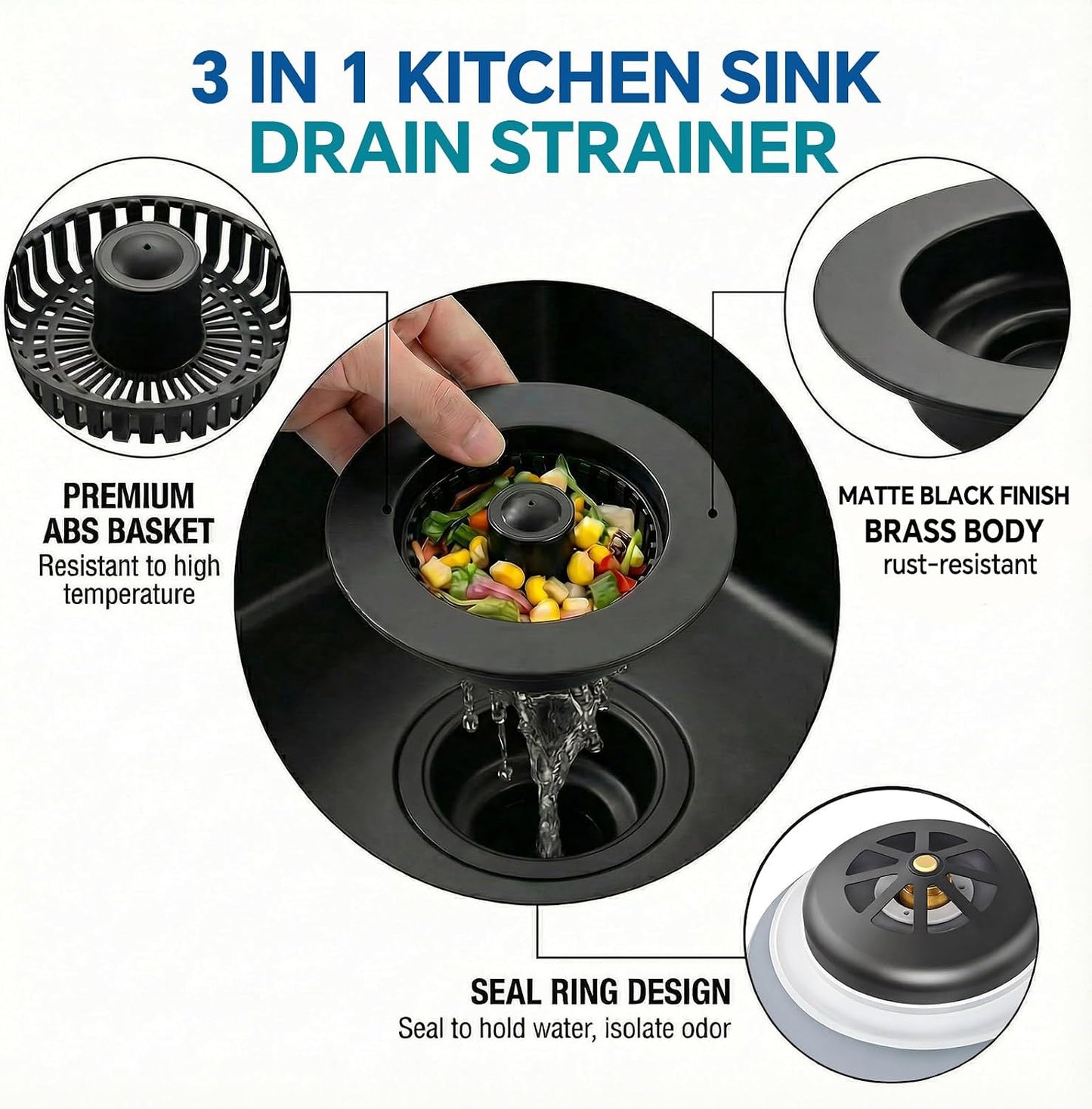 Solid Brass Body 3-in-1 Kitchen Sink Drain Strainer & Stopper, Heavy Duty Pop Up Plug Assembly with 2 Baskets, Anti-Clog Replacement for US Standard 3-1/2 Inch Drains, Rust-Proof Silver