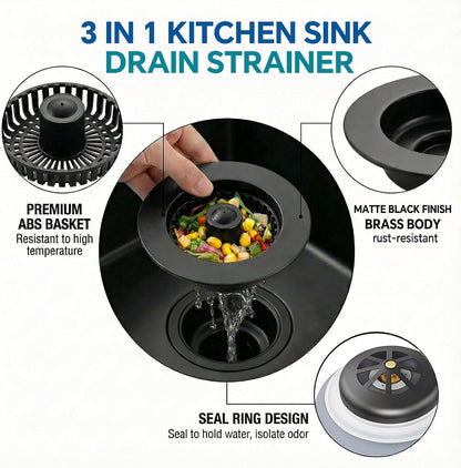 Solid Brass Body 3-in-1 Kitchen Sink Drain Strainer & Stopper, Heavy Duty Pop Up Plug Assembly with 2 Baskets, Anti-Clog Replacement for US Standard 3-1/2 Inch Drains, Rust-Proof Silver