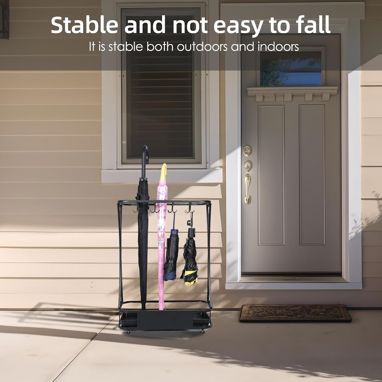 15 Slot Umbrella Stand with 8 Hooks – Heavy Duty Metal Indoor Umbrella Rack Holder with Removable Drip Tray – Large Commercial Entryway Organizer for Office, Lobby or Home