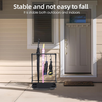 15 Slot Umbrella Stand with 8 Hooks – Heavy Duty Metal Indoor Umbrella Rack Holder with Removable Drip Tray – Large Commercial Entryway Organizer for Office, Lobby or Home