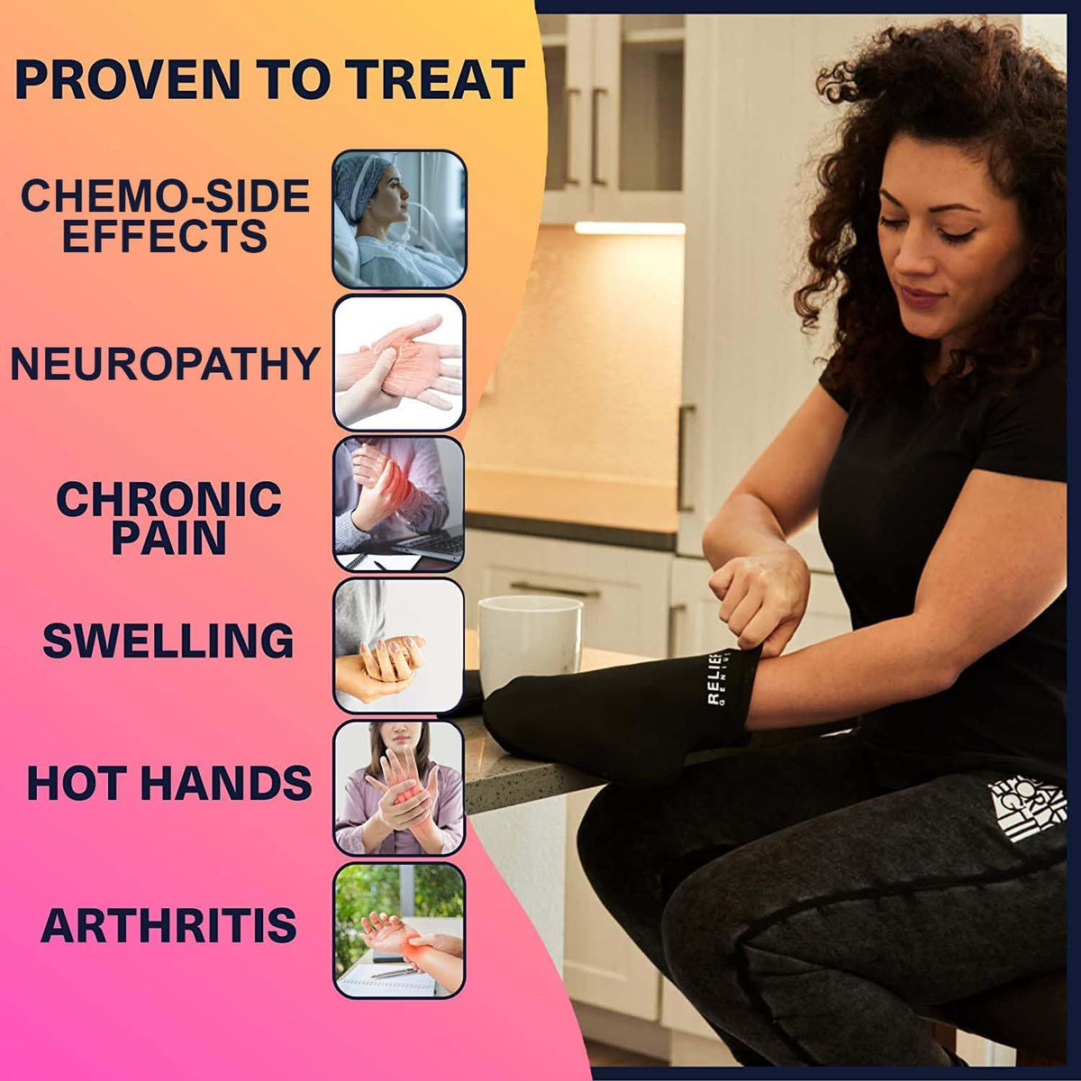 Relief Genius Cold Therapy Socks with Reusable Gel ice Packs - Achieve Relief from Sprains, Muscle Pain, Bruises, Swelling, Edema, Chemotherapy, Arthritis, Post Partum Foot (Black, Large)