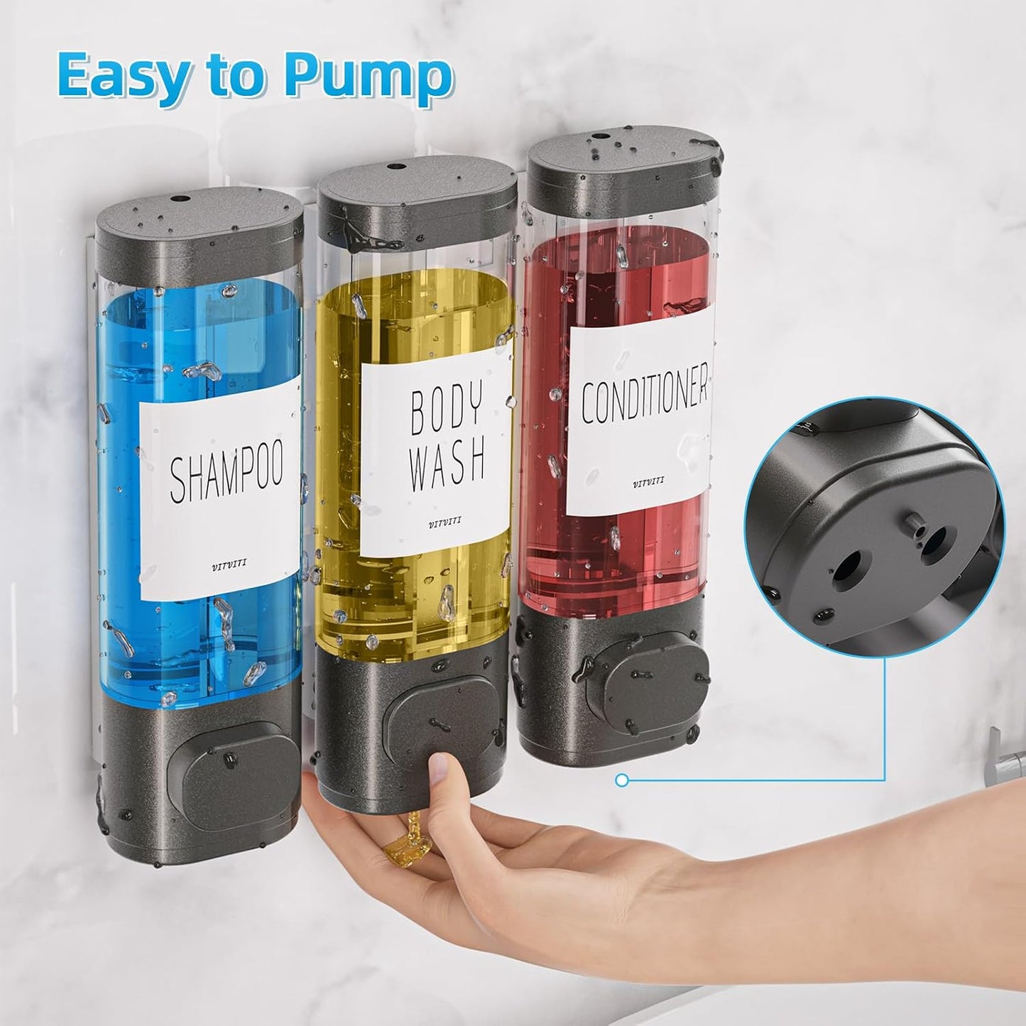 Shampoo and Conditioner Dispenser for Shower Wall Mount 3 Chamber, Black | Shower Soap Dispenser for Wall, 10.2 OZ Plastic Refillable Body Wash Bottles for Bathroom, No Drill Wall Mounted