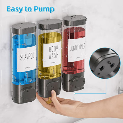 Shampoo and Conditioner Dispenser for Shower Wall Mount 3 Chamber, Black | Shower Soap Dispenser for Wall, 10.2 OZ Plastic Refillable Body Wash Bottles for Bathroom, No Drill Wall Mounted