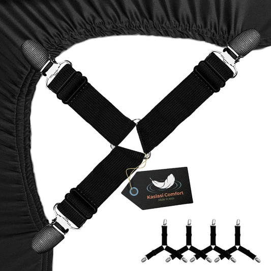 Bed Sheet Holders(4 Pack) Durable Metal Core, Adjustable Steel Buckle, Strong Elastic & Soft-Pad Grippers. Keep in Place Fitted Bedding Straps for Any Mattress, Easy No-Lift Install