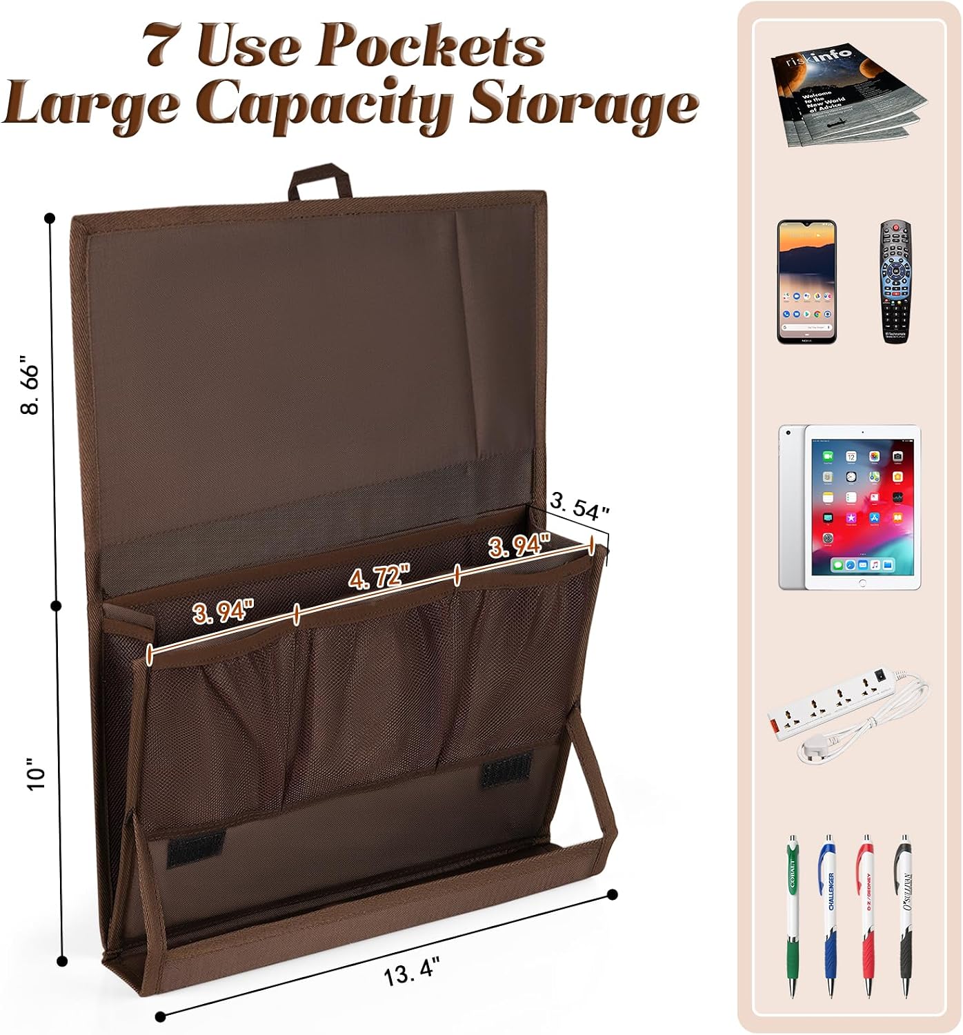 Bedside Caddy Organizer for Dorm Bed Rails with 7 Pockets, Gray | Bed Pockets Bedside Storage with Power Strip Holder & 2 Adjustable Straps for Home, College, Dorm, Hospital Bedside Organizer