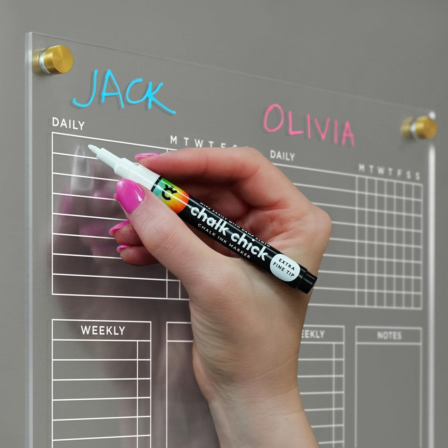 Magnetic Acrylic Chore Chart for Fridge, Weekly Planner & Task Board with Notes, 12” x 9” Clear Refrigerator Organizer, Includes 4 Magnetic Wet-Erase Markers, Black Magnets