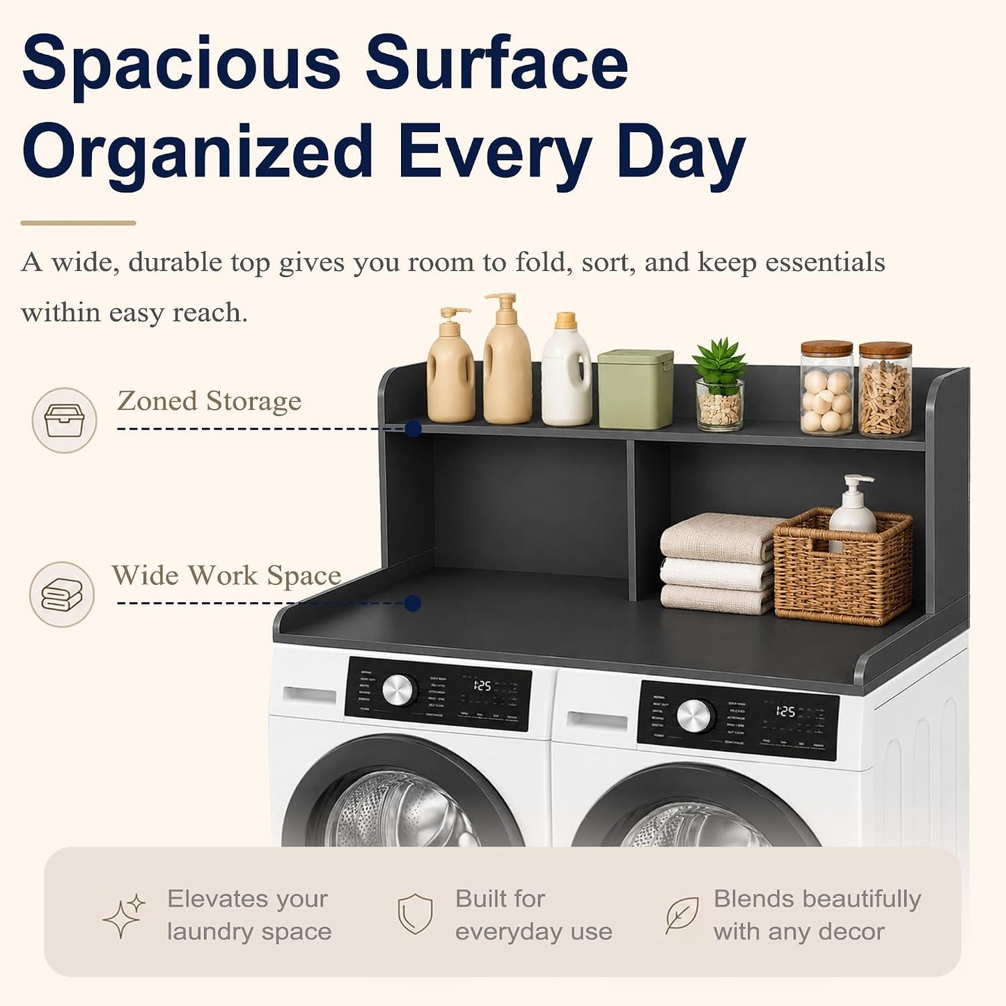 Royxen Washer Dryer Countertop with Extra Tall Shelf, 19" Height Washer and Dryer Topper, Laundry Countertop with Non-Slip Pads, Universal Fit for Laundry Room Organization, Walnut