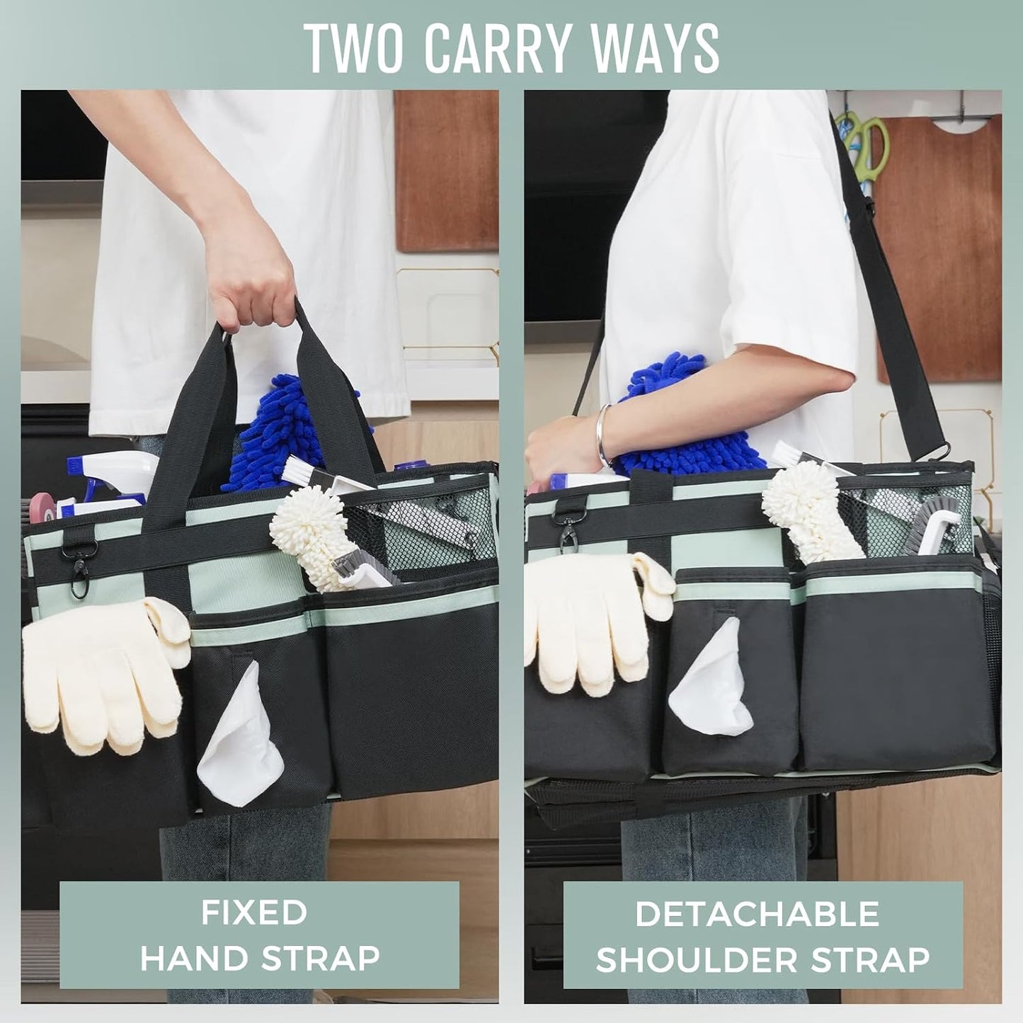 SCAVATA Wearable Cleaning Caddy, Cleaning Caddy Supplies Organizer with Handle & Shoulder Straps for Housekeepers, Under Sink & Car Cleaning Tool Organizers Bag with 4 Foldable Divider (NavyBlue)