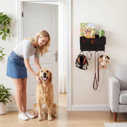 Dog Leash Holder for Wall, Dog Accessories Organizer with 4 Hook, Black Dog Leash Hanger with Shelf Storage, Metal Wall Mounted Key Holder for Pet Collar, Training Treats, Poop Bag, Home Decor