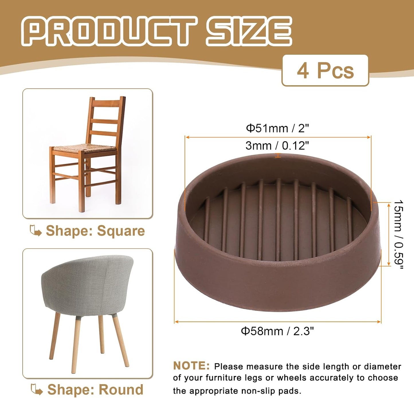 PATIKIL 4 Inch Rubber Furniture Pads, 4 Pack Non-Slip Furniture Coasters Round Anti Skid Caster Cups Furniture Feet Cup Floor Protectors for Bed Couch Stoppers, Brown