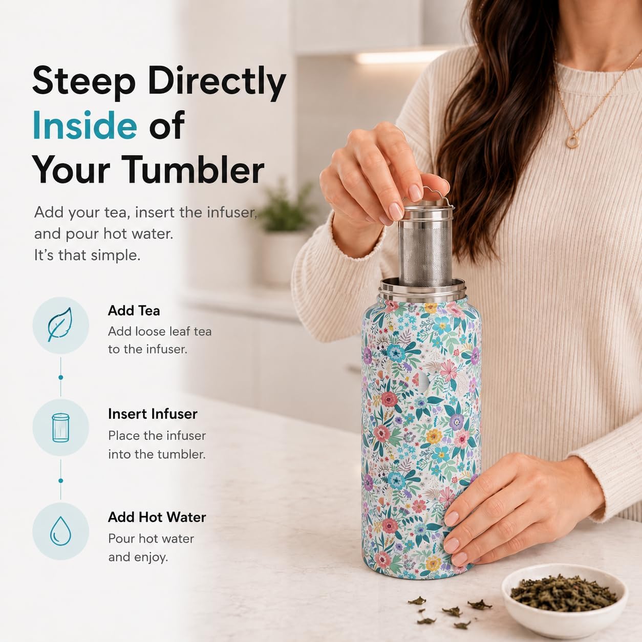 22 oz Ceramic Lined Tea Infuser Travel Tumbler, Micro-Mesh Stainless Steel Infuser, Pure Taste Ceramic Interior, Triple Insulated 12hr Hot Cold, Dual Sip & Straw Lid, Scratch-Resistant