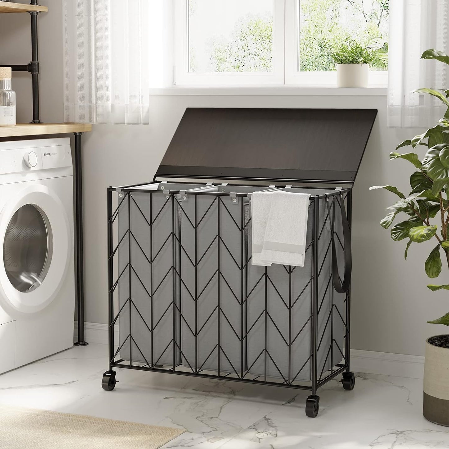 WOWLIVE Laundry Hamper 3 Section with Lid, 142L Laundry Basket with Wheels | Rolling Dirty Clothes Hamper with Removable Bags, Large Iron-Made Laundry Basket Organizer Laundry Sorter for Dorm, Beige
