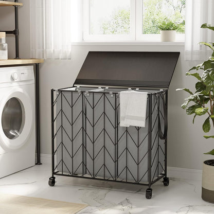 WOWLIVE Laundry Hamper 3 Section with Lid, 142L Laundry Basket with Wheels | Rolling Dirty Clothes Hamper with Removable Bags, Large Iron-Made Laundry Basket Organizer Laundry Sorter for Dorm, Beige