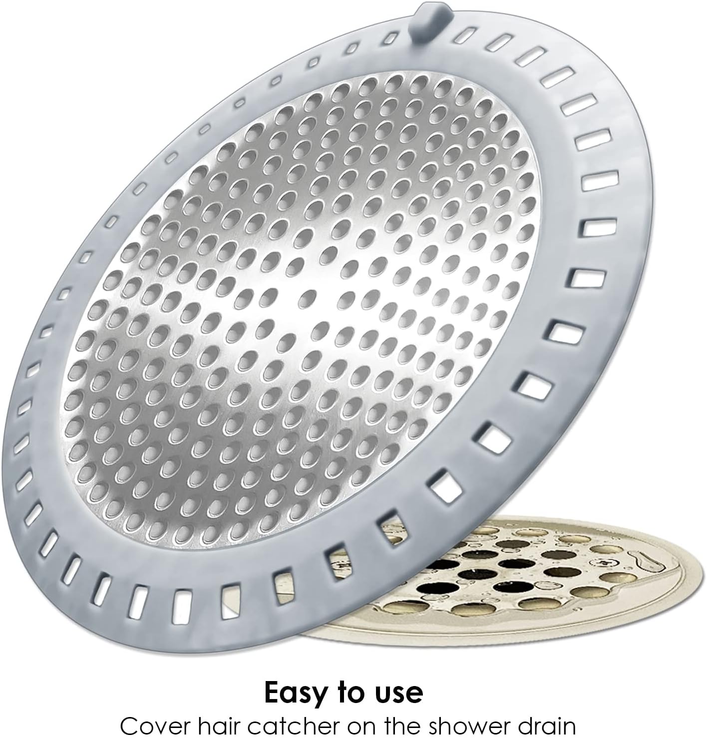 Seatery 2PCS Shower Drain Hair Catcher, Shower Drain Strainer, Stainless Steel with Silicone Edging, 4.75 Inch Diameter