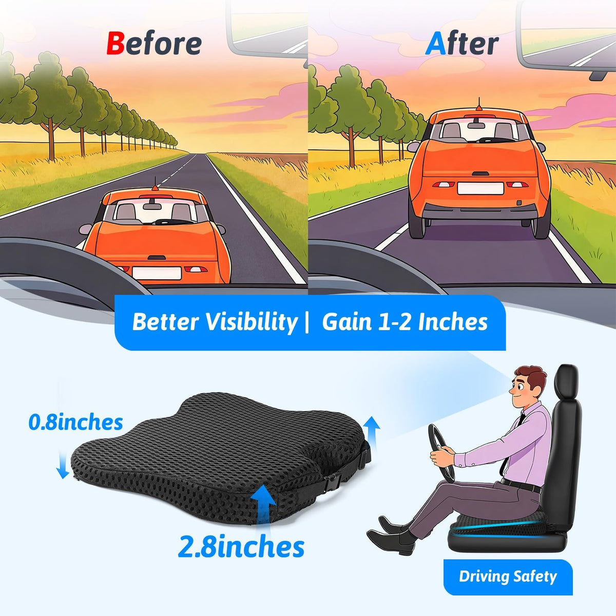 Wedge Car Seat Cushion for Better Visibility & Sciatica Pain Relief