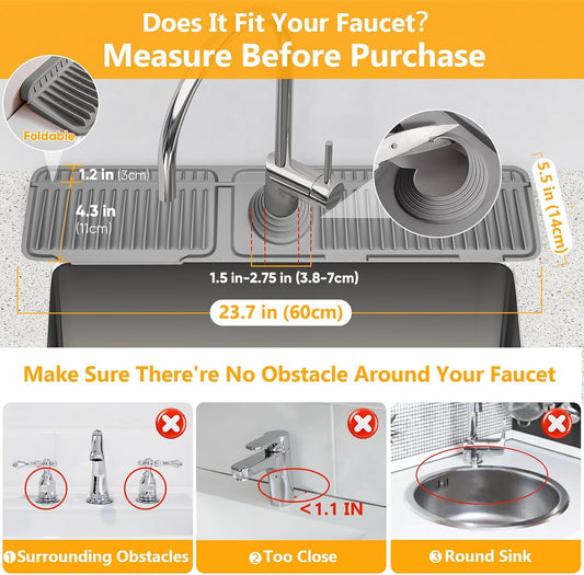 24'' Longer Faucet Mat for Kitchen Sink Splash Guard[7° Slope Fast Self-draining][Snap Lock Fit]Kitchen Sink Faucet Mat Splash Guard Kitchen Sink Area Water Splash Guard Behind Faucet Draining Mat