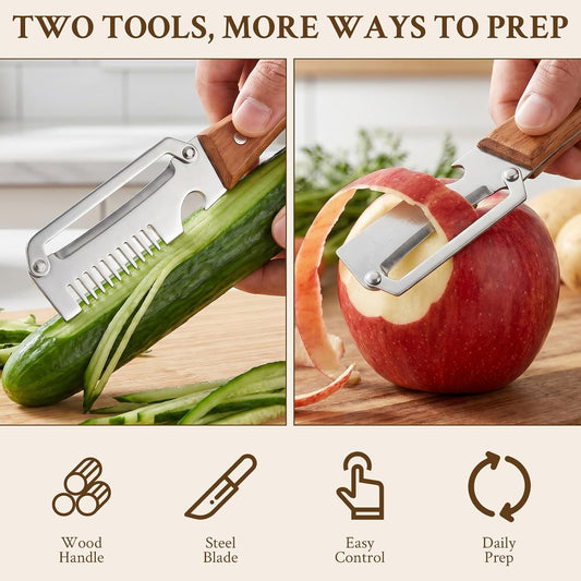 2026 Upgrade Vegetable Peeler and Julienne Peeler Set, Stainless Steel Vegetable Peelers for Kitchen with Wood Handles and Bottle Opener, Multifunctional Vegetable Peeler Set