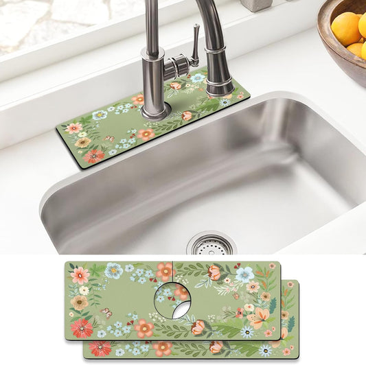 Sink Faucet Absorbing Mat, 2 Pack Drying Mat Around Faucet Sink Splash Guard Behind Faucet Sinkmat For Kitchen Bathroom Island Rv 24 * 5.5 Inch (60 * 14 cm)