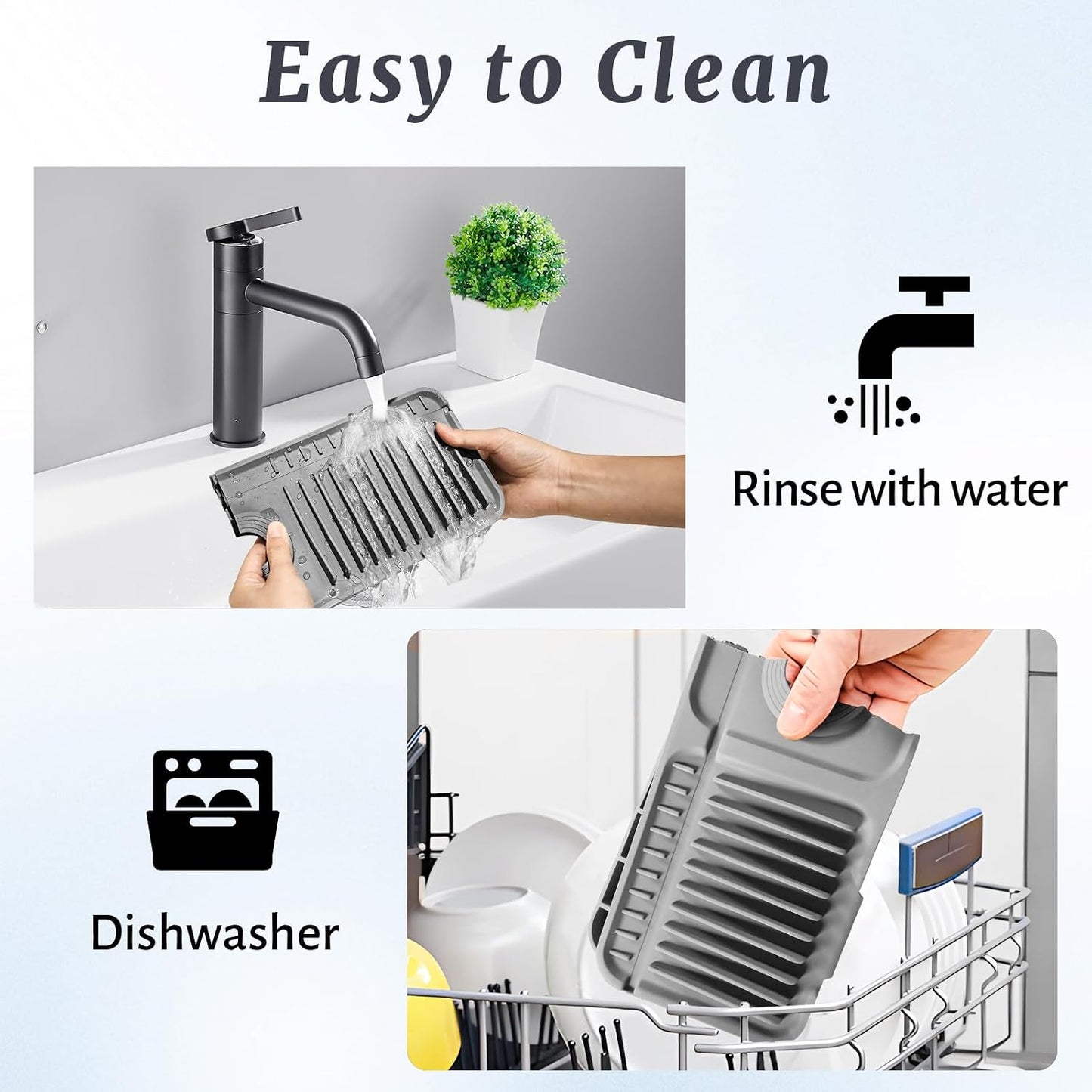 PoYang 24 Inch Faucet Mat for Kitchen Sink Splash Guard, Silicone, Black | Sink Protectors with 7° Slope for Smooth Drainage, Snap Button Holds It in Place, 90° Foldable & Cuttable Hole Fit Most Sinks