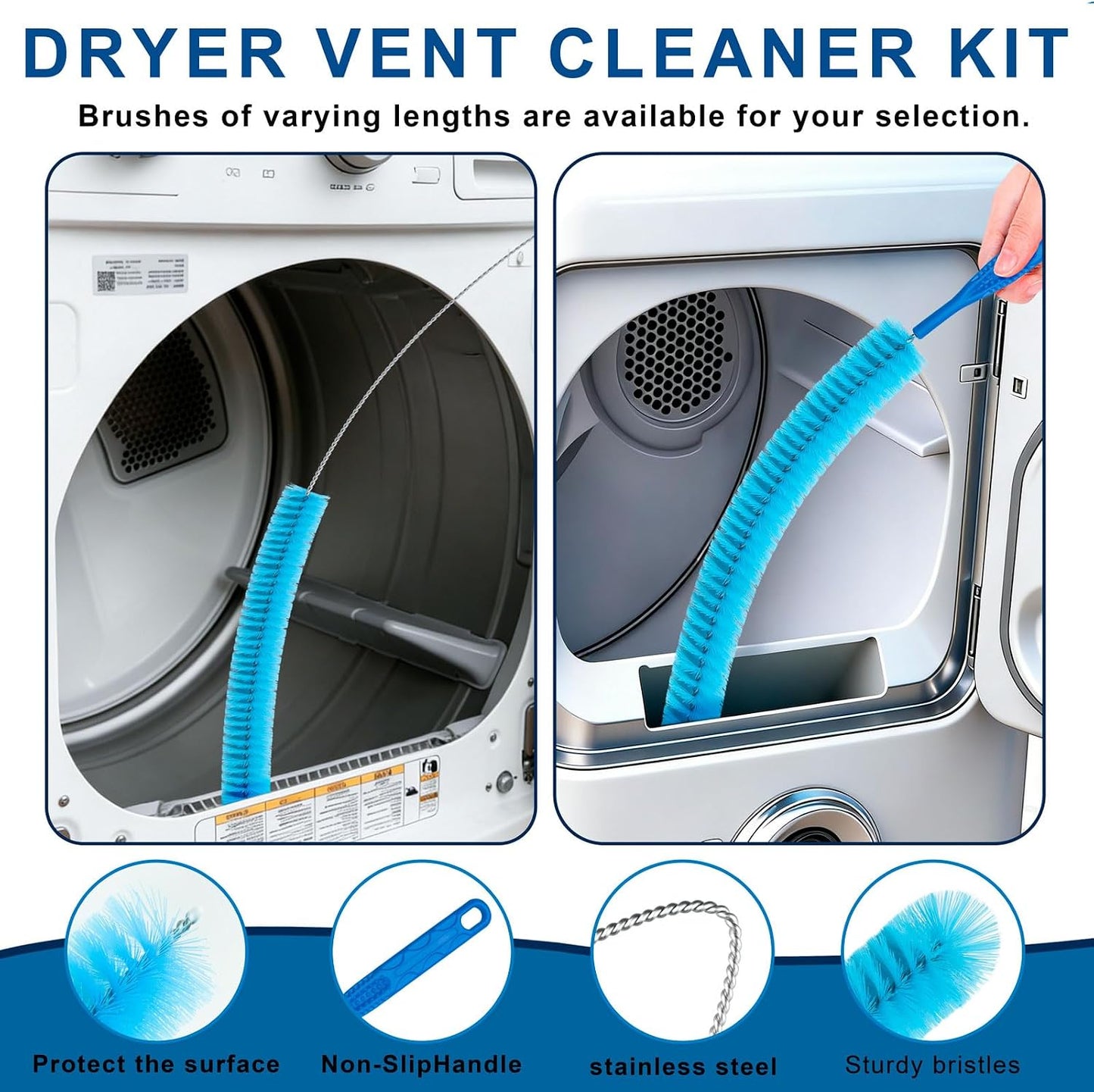 Dryer Vent Cleaner Kit, Vacuum Hose & Brush for Vacuum Hose Attachment | Professional Dryer Vent Cleaning Tool, Lint Trap Duct Cleaning, Remover Brush for Dryer Duct and Trap Maintenance