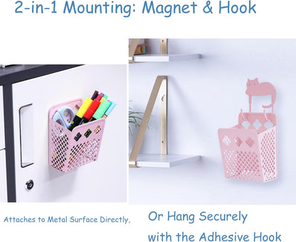 Magnetic Pen Holder, Mesh Metal Strong Magnet Dry Erase Marker Holder Pencil Organizer Small Items Basket for Refrigerator, Whiteboard, Locker Accessories-Pink, Pack of 1, Blush, New-Z008