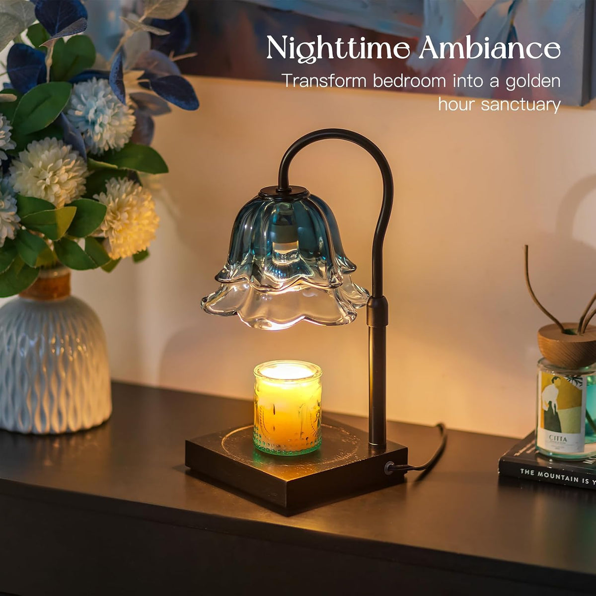 Candeldo Candle Warmer Lamp with Timer, Gold Flower Glass Shade