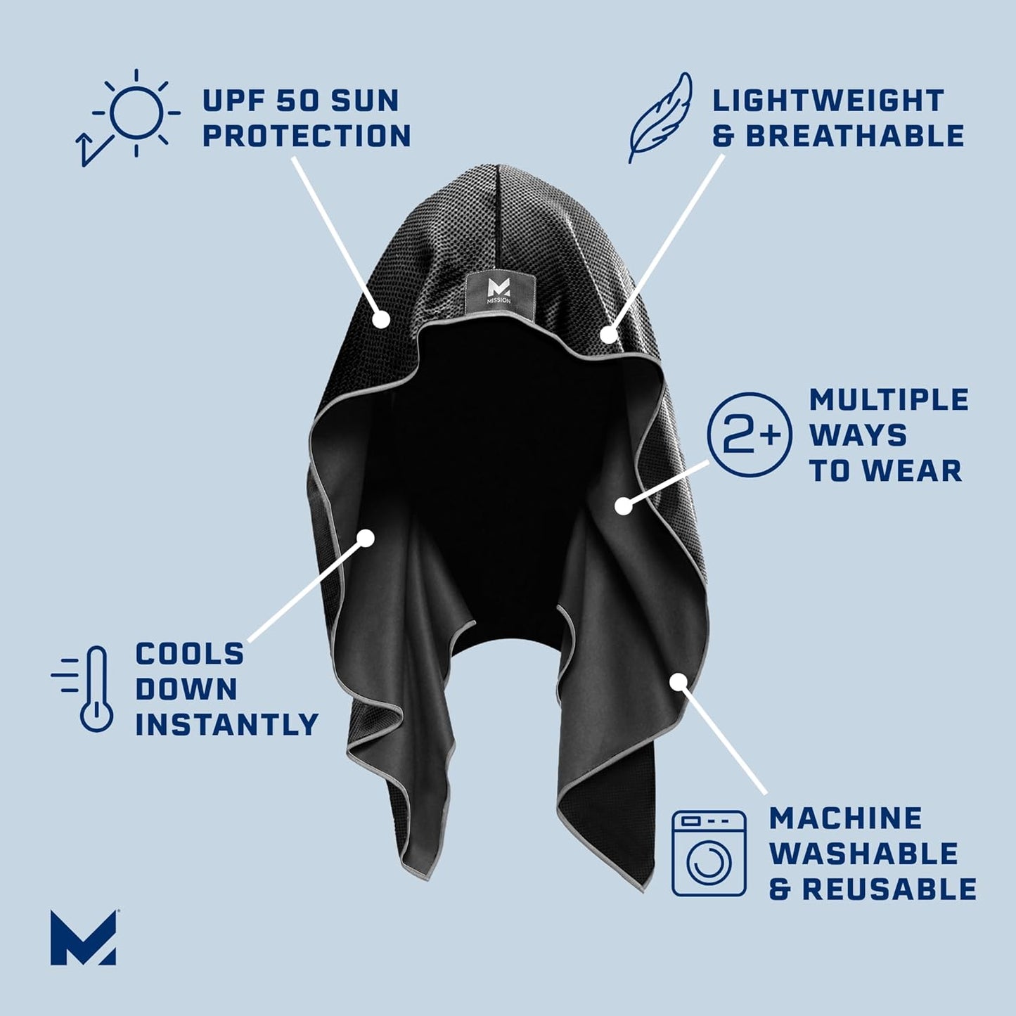 MISSION Cooling Hoodie Towel, Evaporative Cool Technology, Cools Instantly When Wet, UPF 50 Sun Protection, Contours Your Head to Stay in Place, Great for Sports, Fitness, Gym