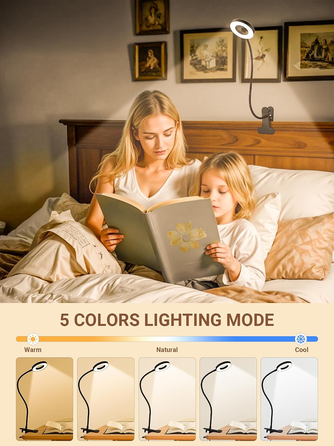 Clip on Lamp,10 RGB Colors+10 Brightness Bright Desk Lamp with Clamp Light | 500 Lumen Eye Care 72 LED Desk Light with USB Adapter,Clip on Reading Light for Bed/Headboard/Bedside Table/Bedroom/Dorm Lamp