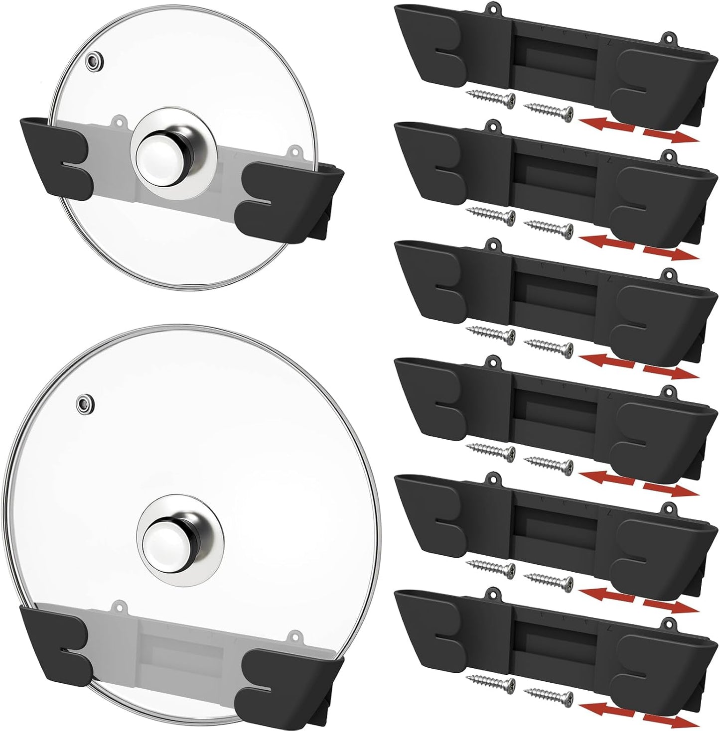 Adjustable Universal Pot Lid Holder Organizer - Upgraded Patented Pan Lids Organizers Inside Cabinet Door Wall Mount Pots Top Rack for Kitchen Cupboard Fit 6" to 13" (4Pack-Black)