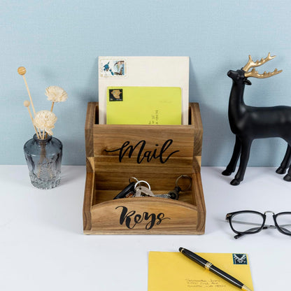 MyGift Rustic Torched Wood Mail Holder and Key Organizer Entryway Storage Tray with Cursive Mail and Keys Word Design, Office, Dorm, Classroom Desktop Organizing Bin