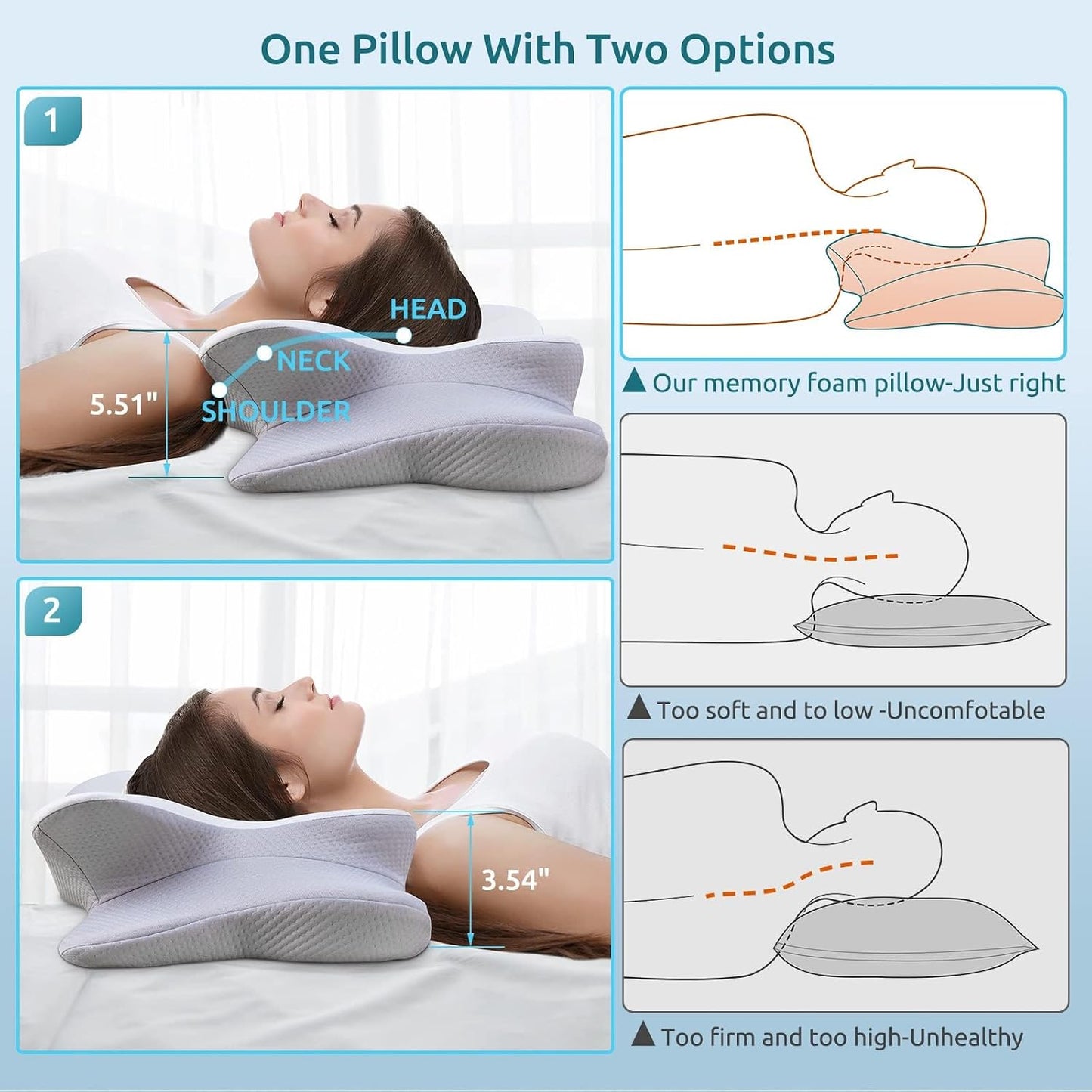 DONAMA Contour Cervical Neck Pillow for Neck Pain Relief | Queen,Ergonomic Dual-Height,Odorless Memory Foam,Side/Back/Stomach Sleepers,Cooling Hypoallergenic Cover,OEKO-TEX Certified