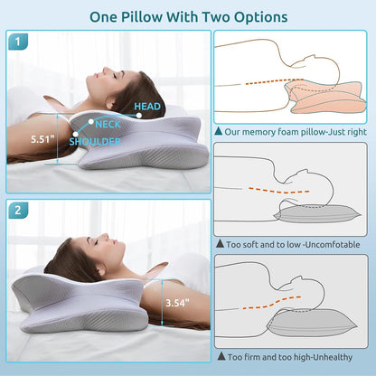 DONAMA Contour Cervical Neck Pillow for Neck Pain Relief | Queen,Ergonomic Dual-Height,Odorless Memory Foam,Side/Back/Stomach Sleepers,Cooling Hypoallergenic Cover,OEKO-TEX Certified