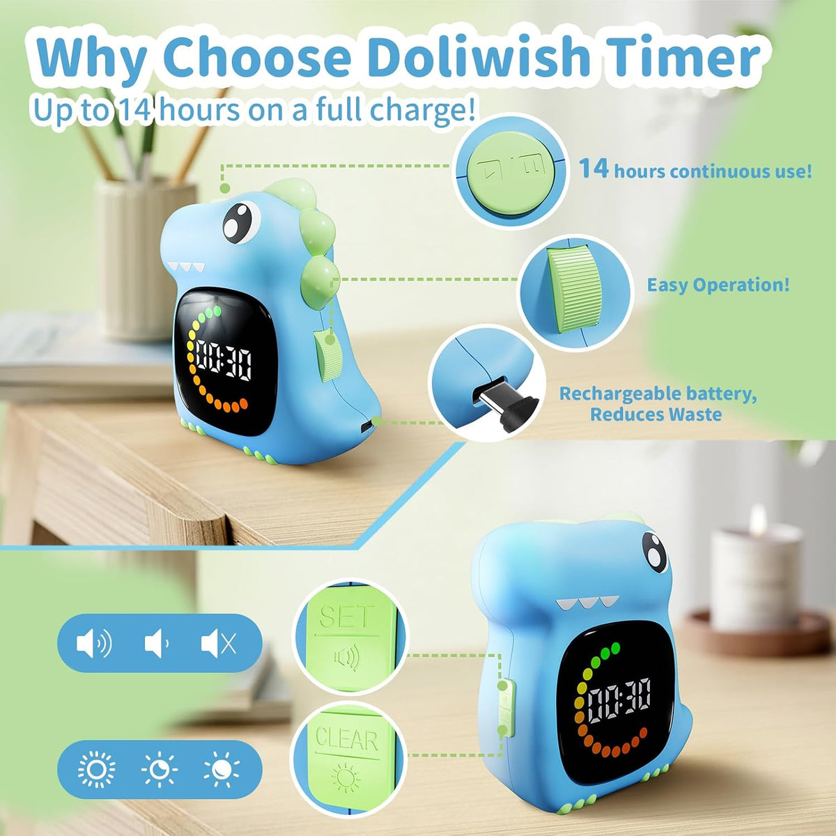 Pink Dinosaur Visual Timer for Kids, Girls Potty Training Timer