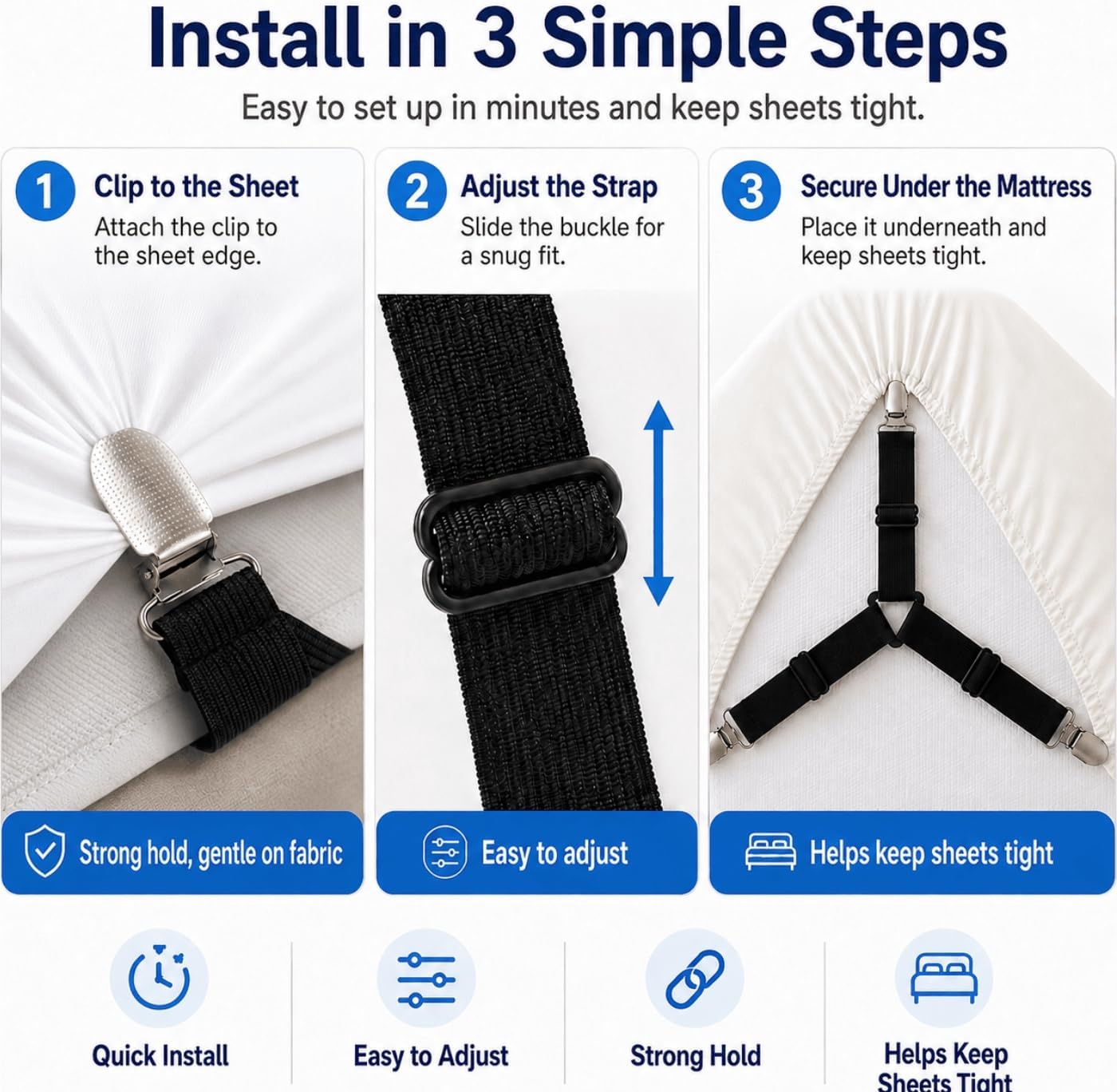 Bed Sheet Holders for Corners 4 Pack 3-Way Grip for Smooth Sheets All Night | Rest easier and wake up to a neater bed, designed to help reduce sheet slipping and bunching