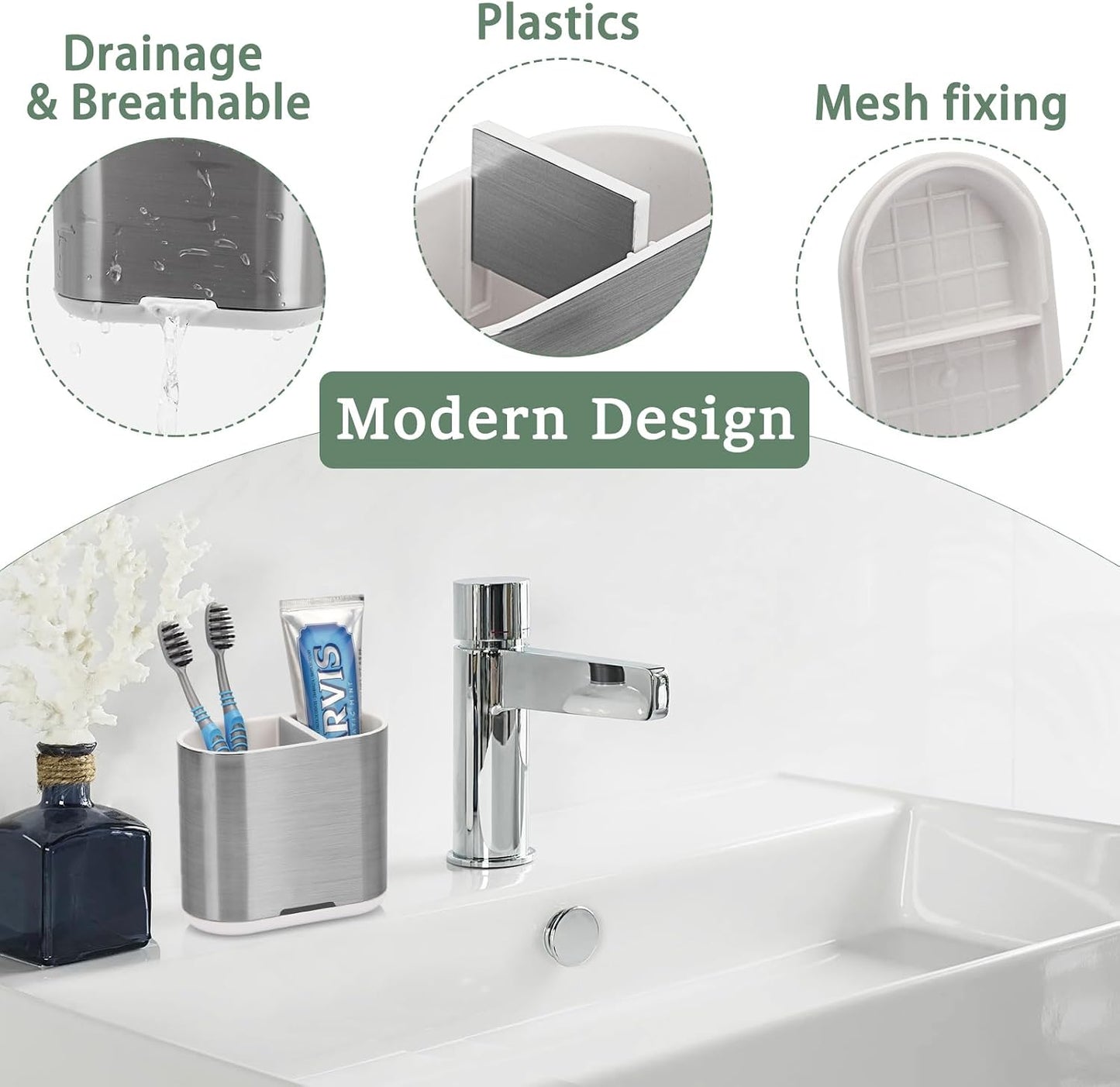 Bamboo Toothbrush Holder for Bathrooms Toothpaste Organizer, Small, White | 2 Slots, Easy to Clean, Plastic, Kids Electric Toothbrush, Drainage, Removable, For Bathroom, Vanity, Kitchen Sink, Office